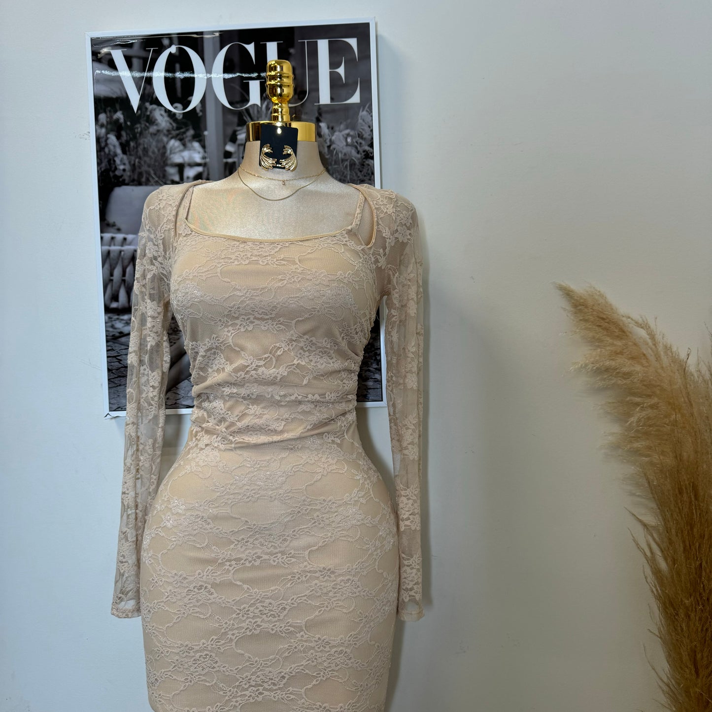 Aimara Lace Long Sleeve  Dress-Beige