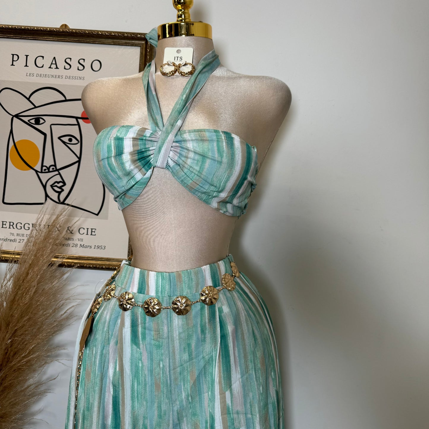 Woven Print Front Tie Crop Cami & Wide Pants-Green