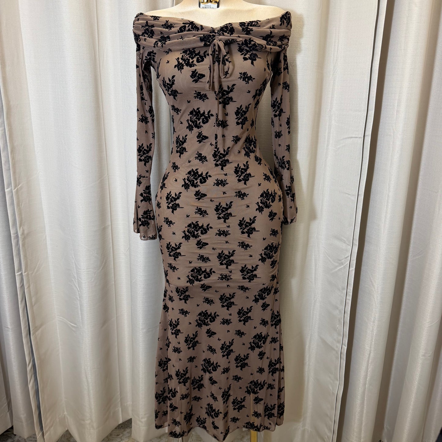 Flocked Long Sleeve Mesh off shoulder maxi Dress-Brown/Black