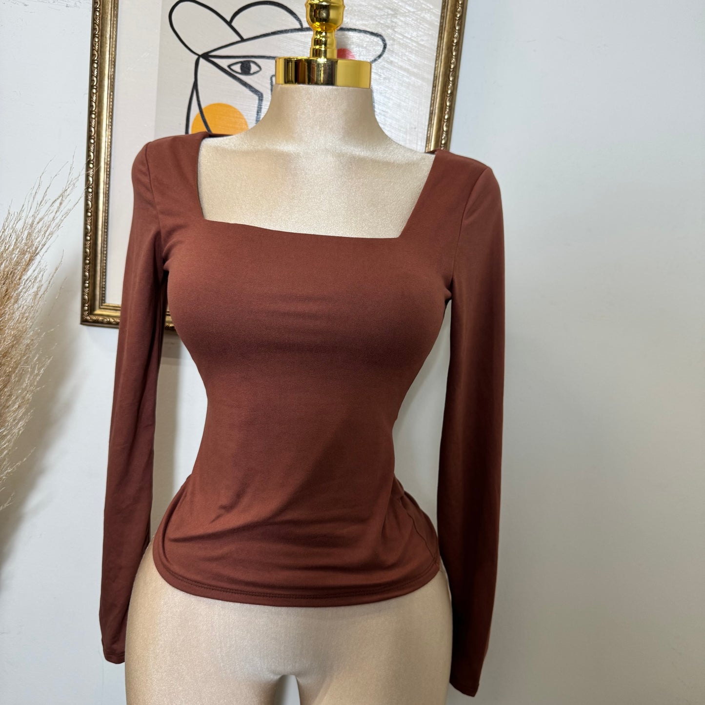 Square Neck Long Sleeve Double Layered Top-Brown