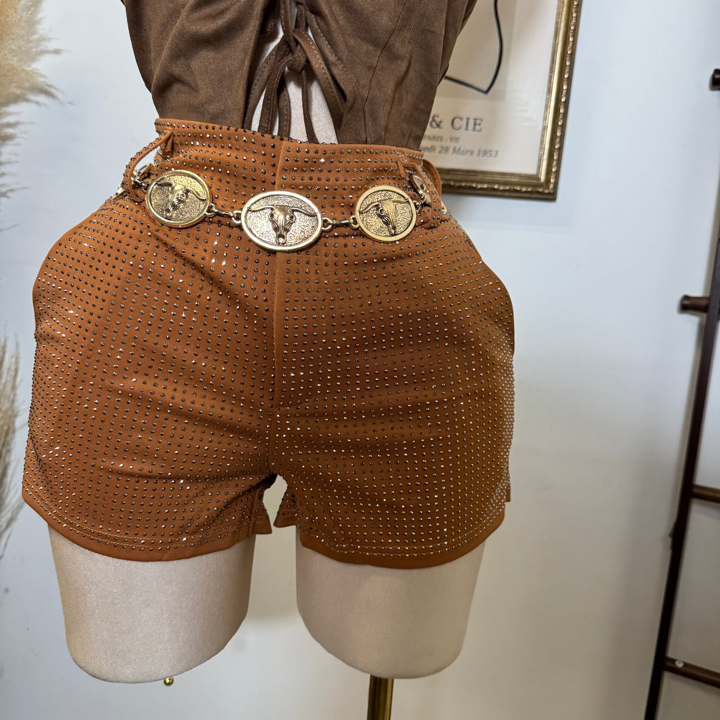 Rhinestone High Waisted shorts-Brown