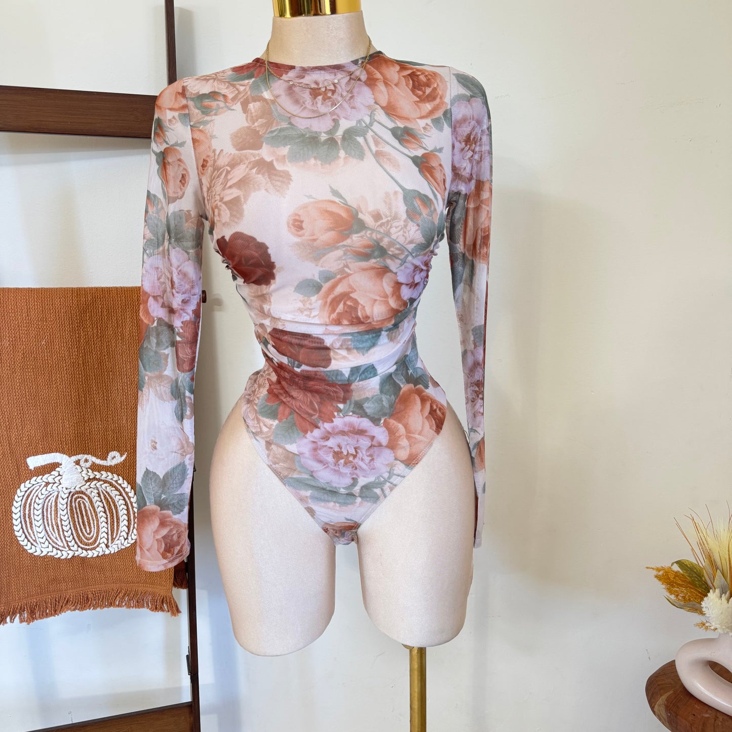 Round Neck Long Sleeve Bodysuit-Taupe