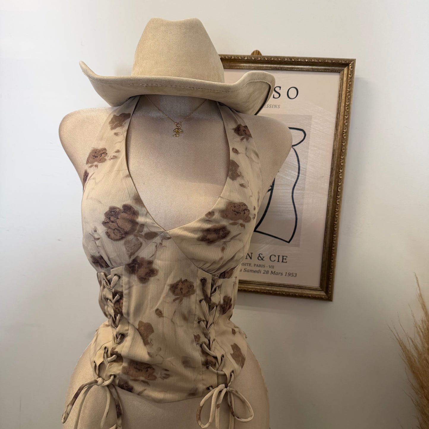 Halter Lace Up Corset Top-Taupe