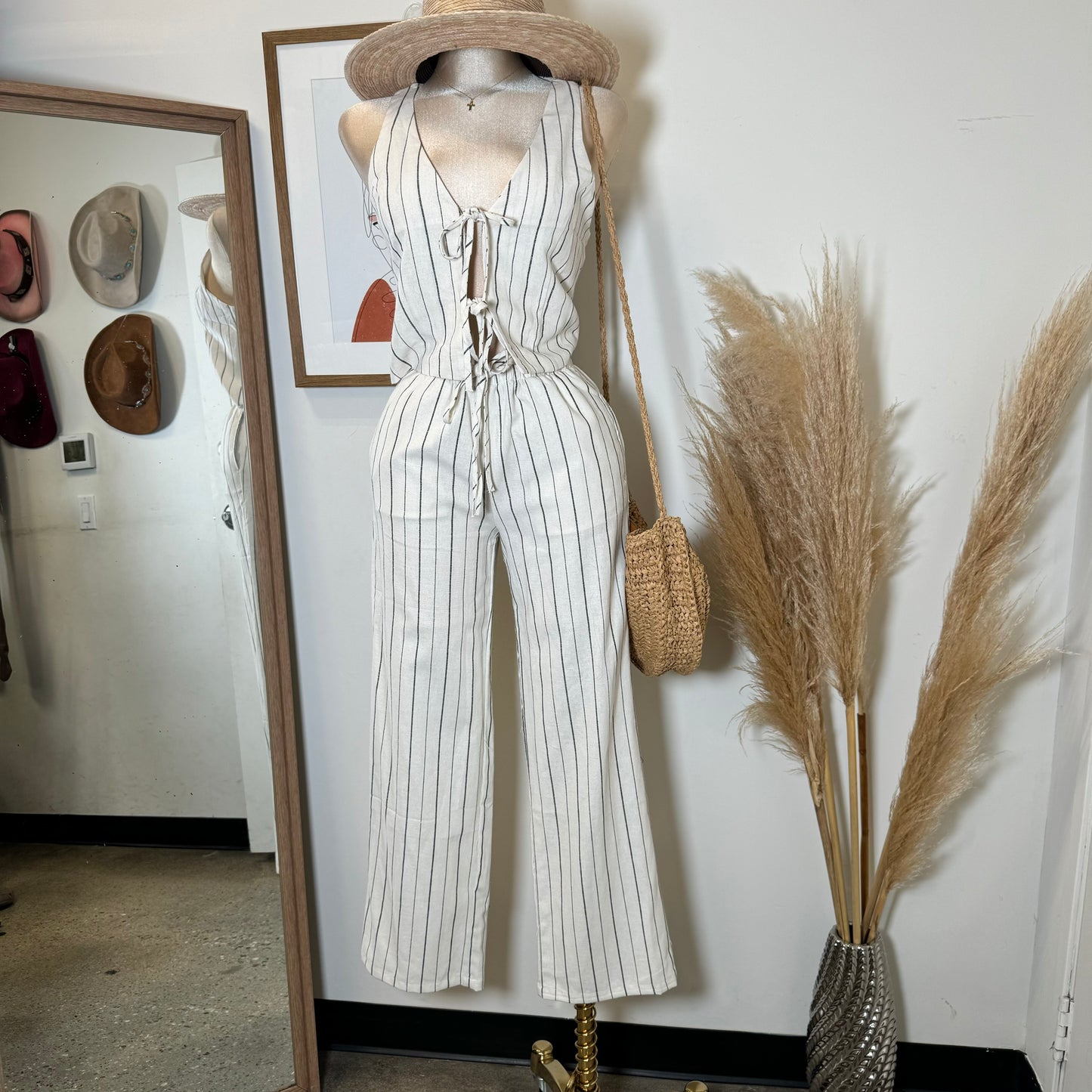Knot Linen Pant Set-White and Black Stripes