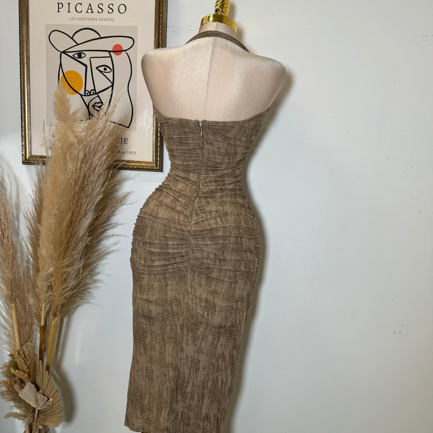 BRUSHED KNIT TUBE MOCK NECK MIDI DRESS-Mocha