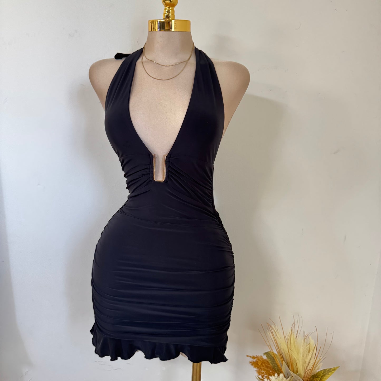Sleeveless Halter Mini Dress-Black