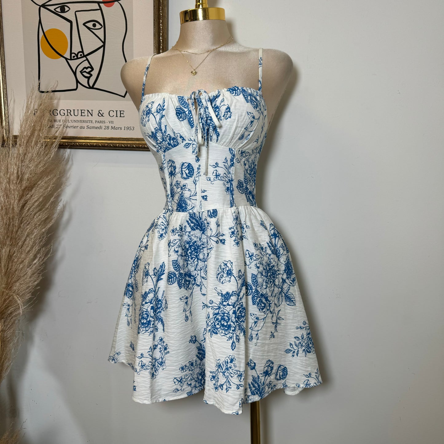 Tropical Smocked Mini Dress-White/Blue