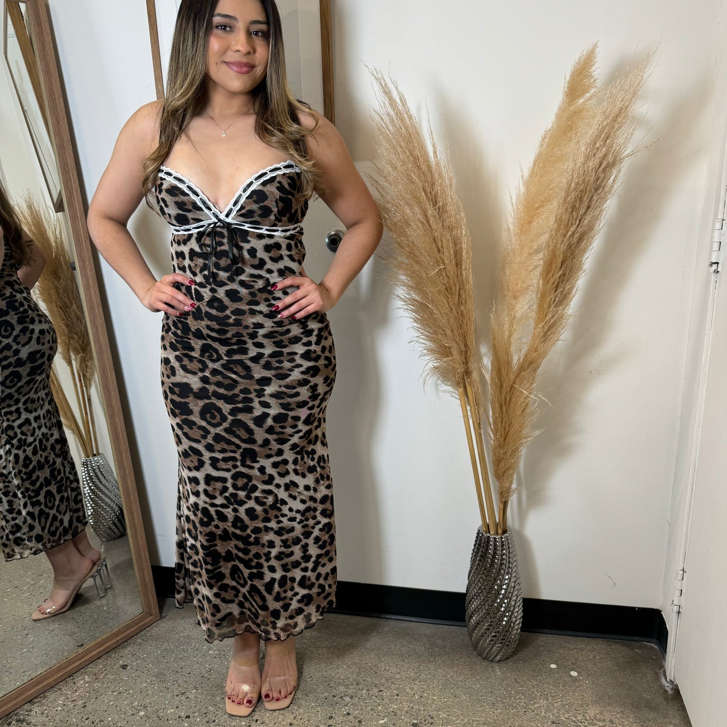 Animal Print Maxi Dress With Lace Trim-brown