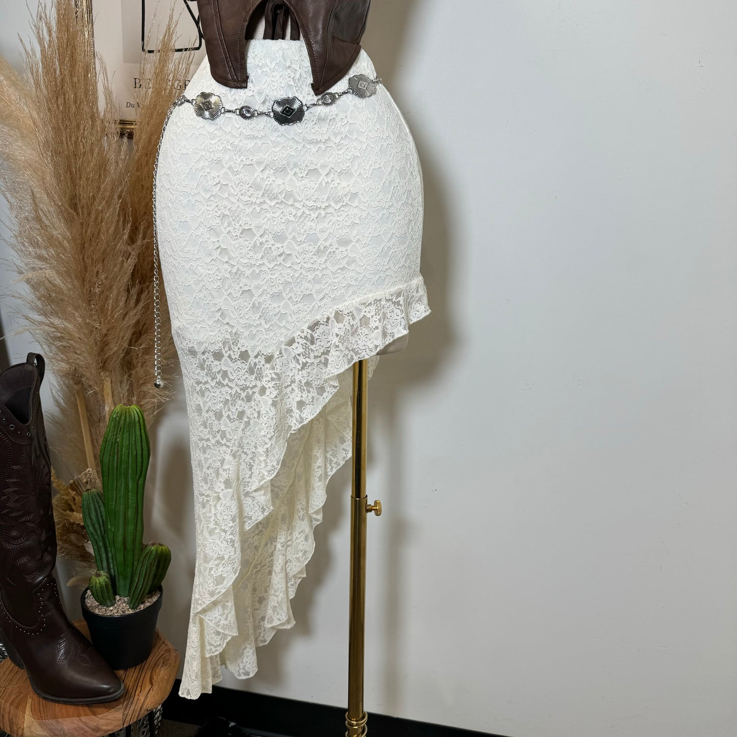 Asymmetrical Lace Maxi Skirt-Ivory
