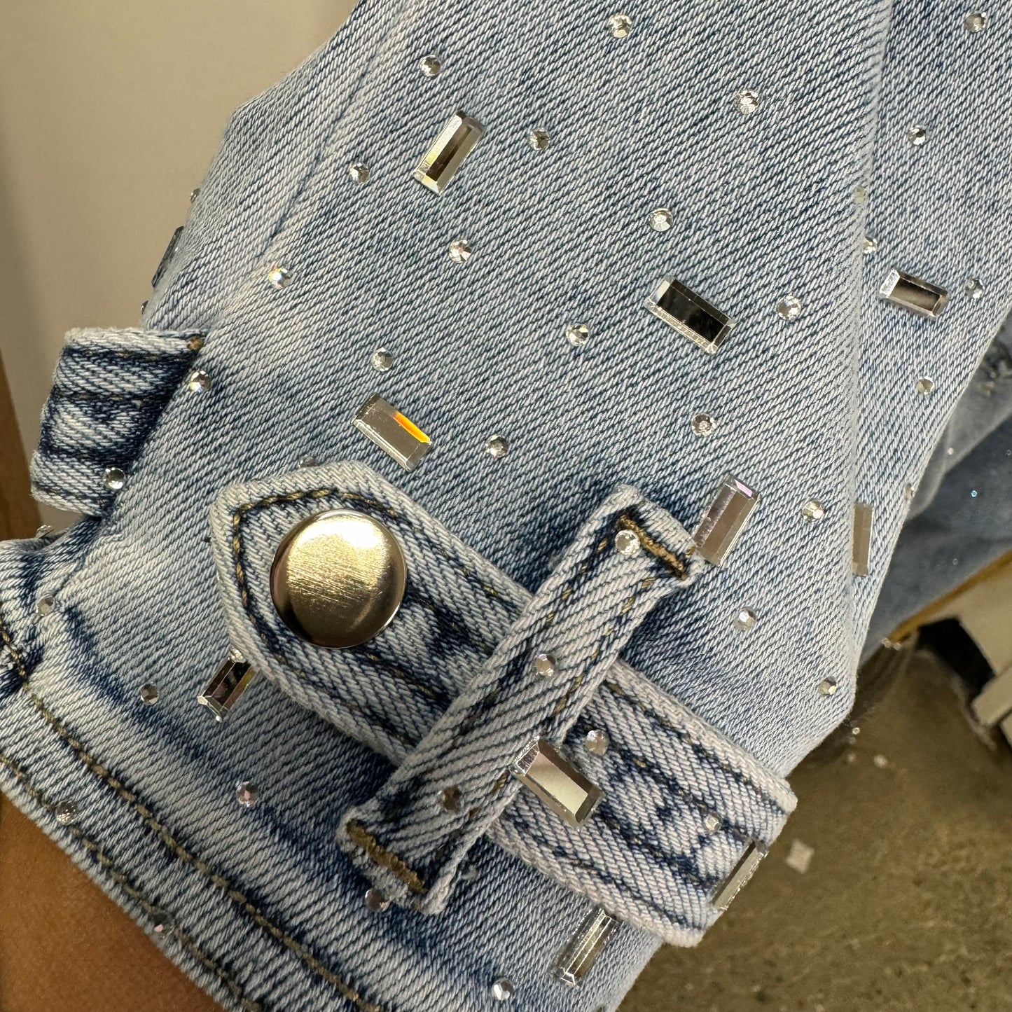 Ximena Rhinestone Denim Jacket-LT Blue