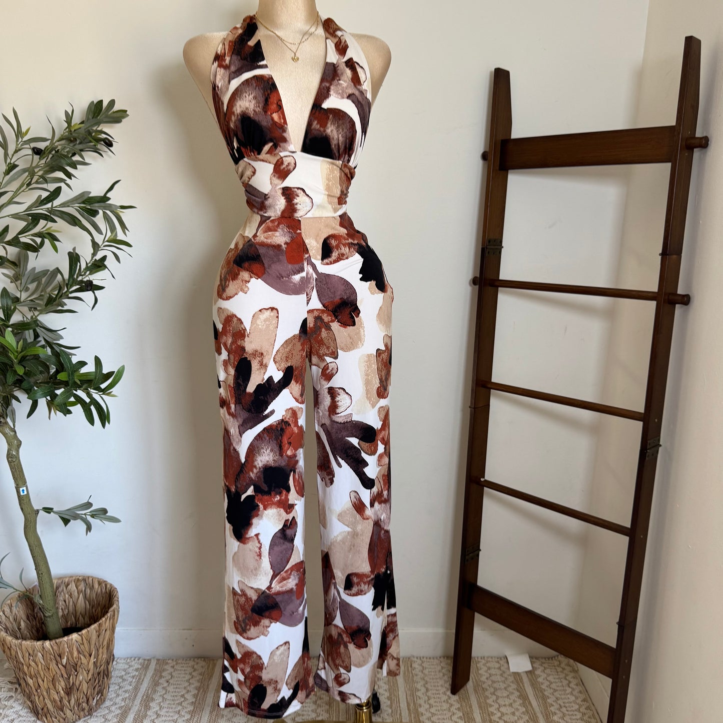 Halter Jumpsuit-Burgundy/Brown