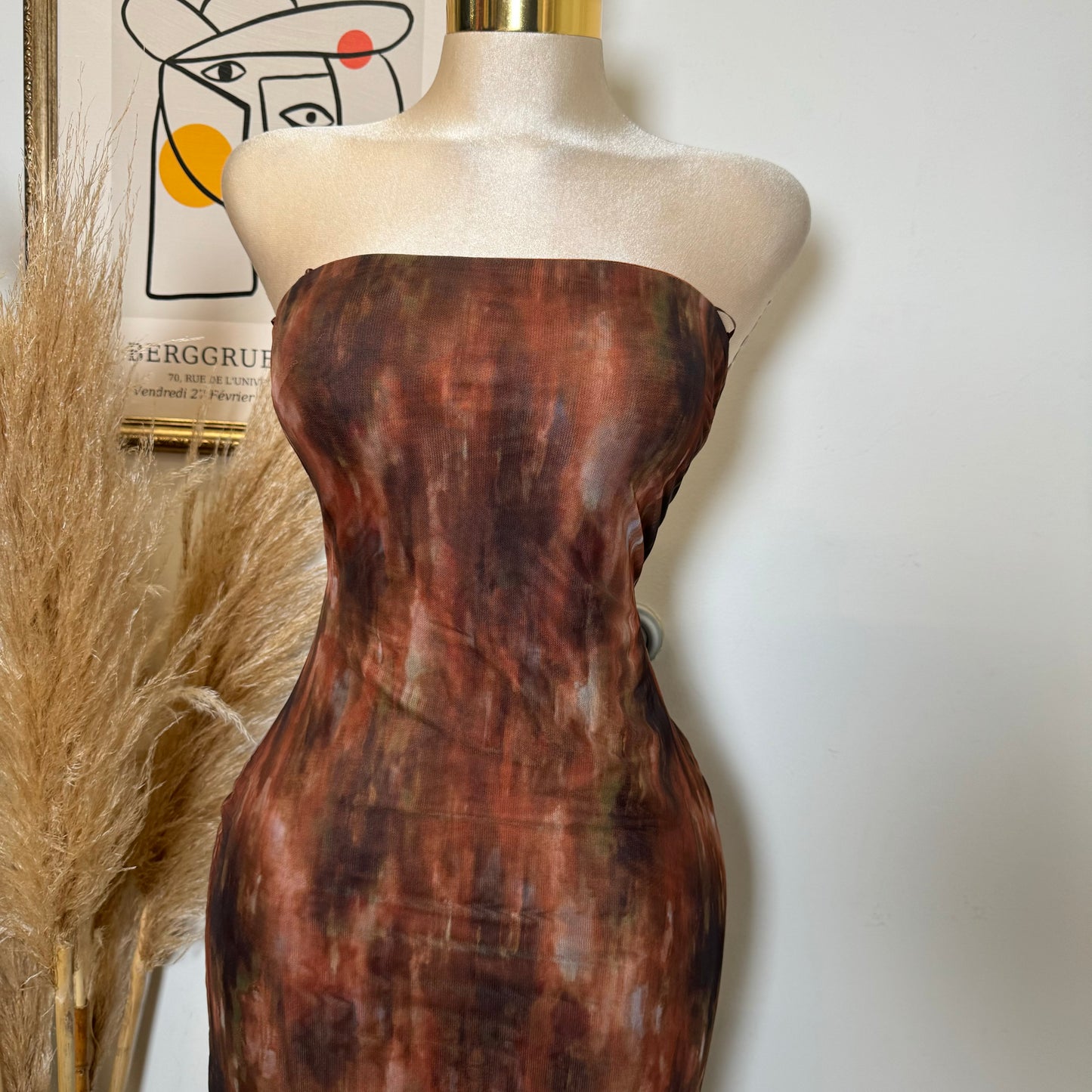 Mesh Print Dress-Brown