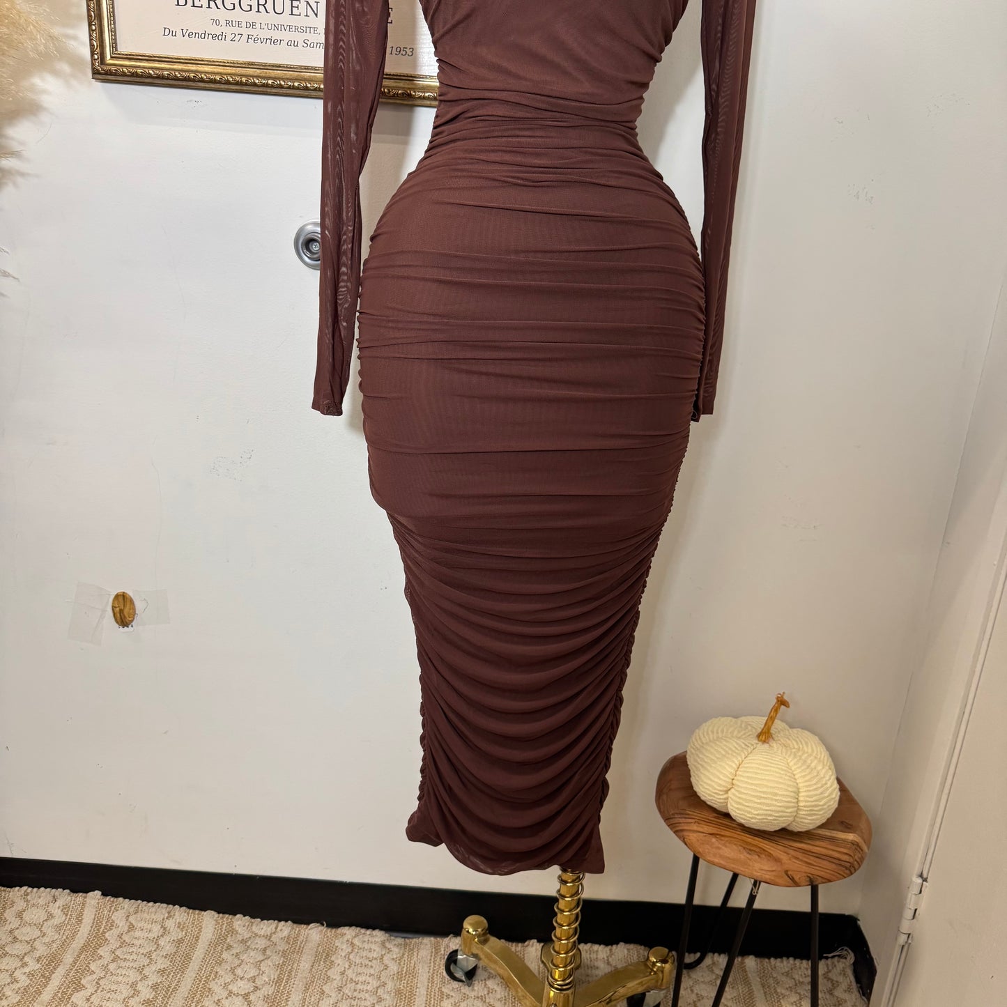 Round Neck Long Sleeve Ruching Midi Dress-Chocolate