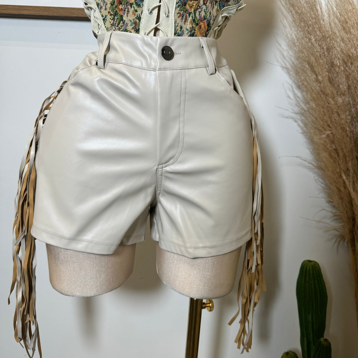 Leather Fringe Shorts-Natural