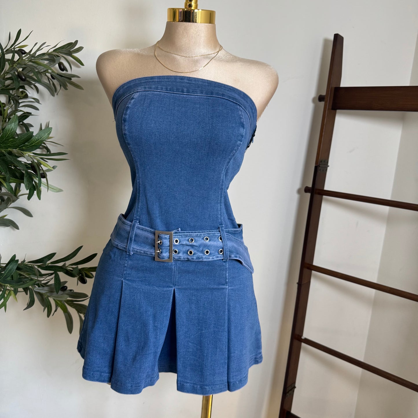 strapless Denim Belted Dress-Denim