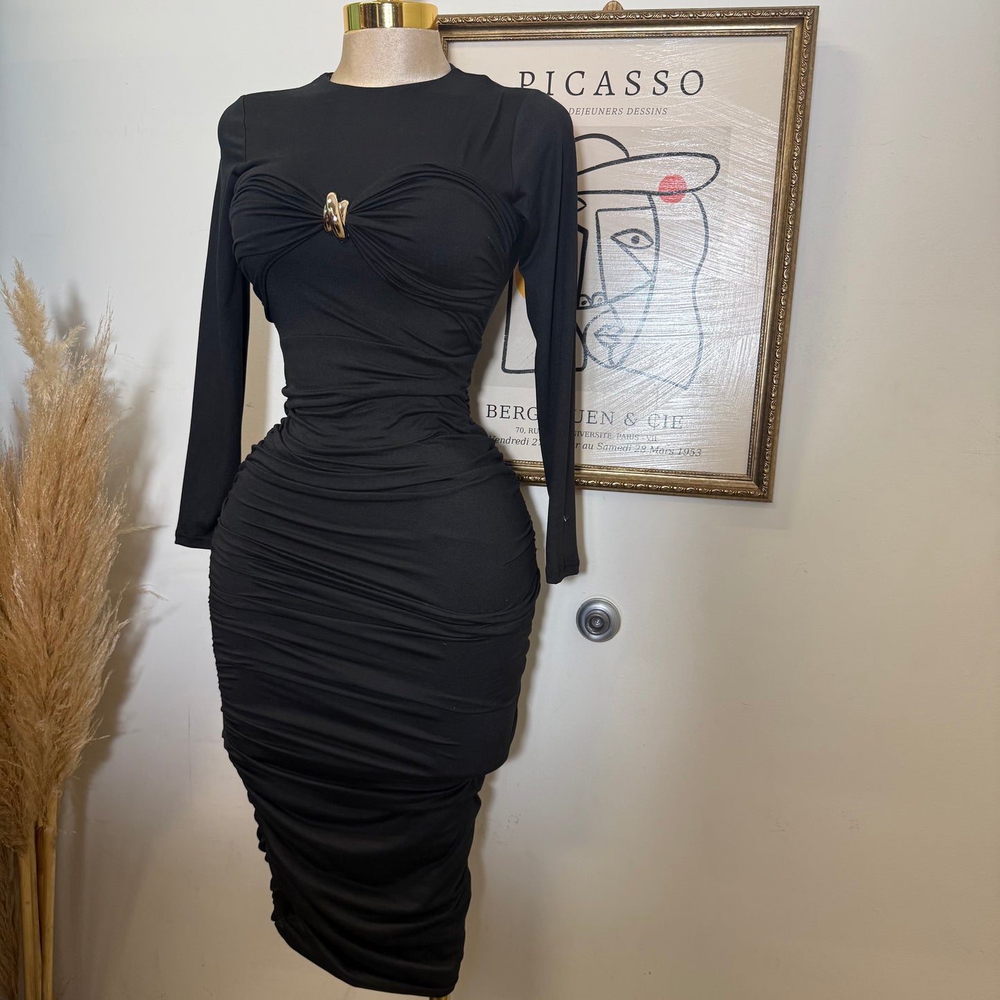 Long Sleeve Double Layered Midi Dress-Black