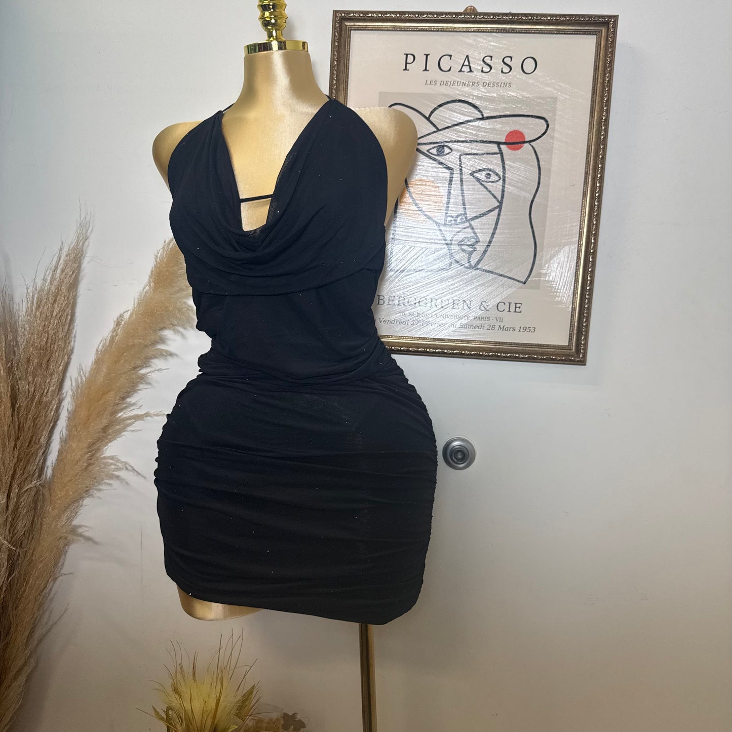 Rhinestone Detail Ruched Mesh Halter Dress-Black