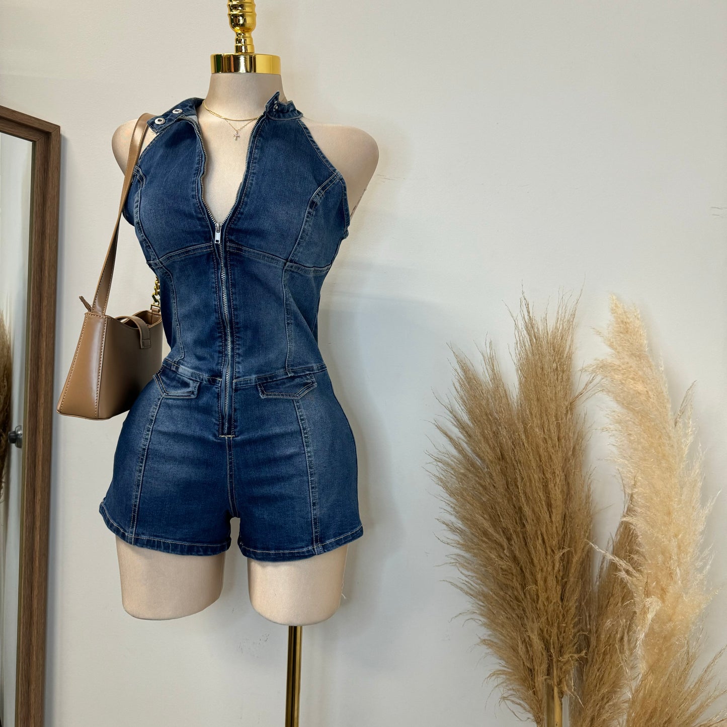 Denim Halter Romper-Dk Blue