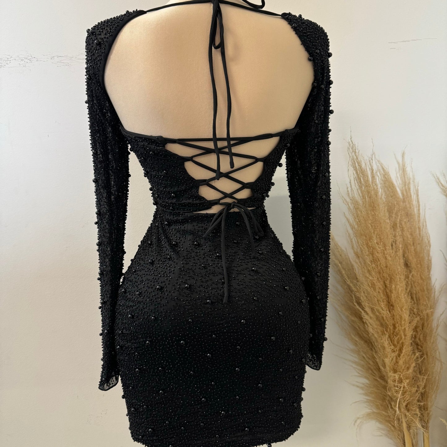 Square Neck Embesllised Dress-Black1