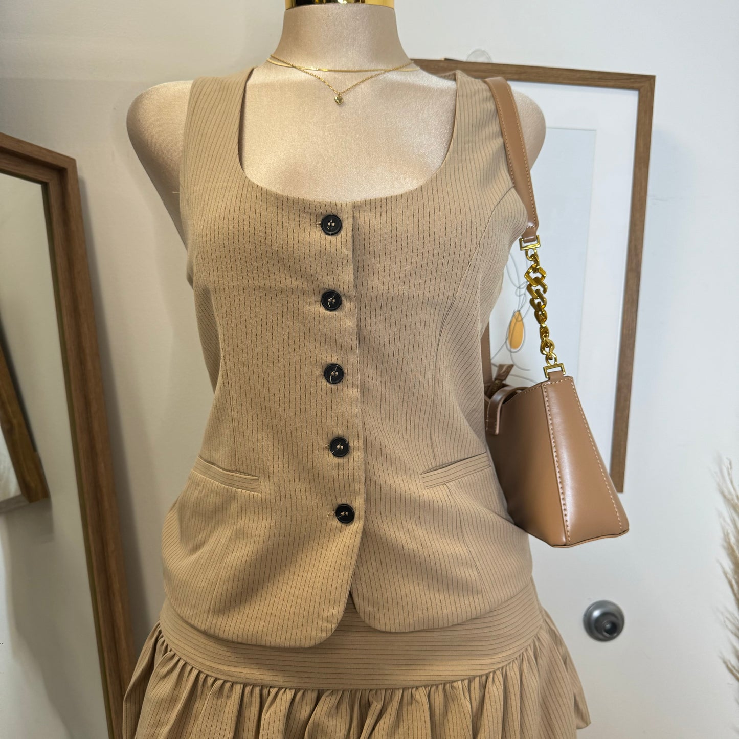 Camila Vest bubble skirt Set-Brown/Black