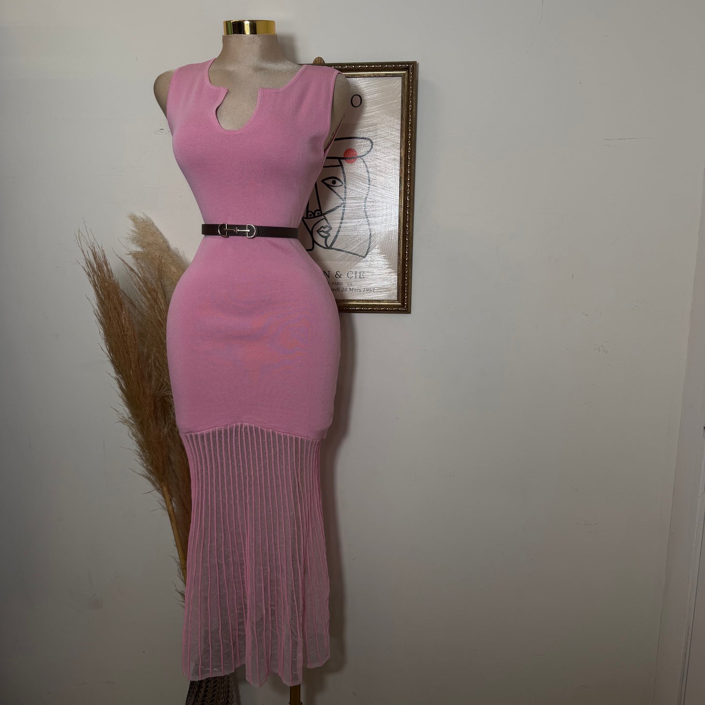 Sleeveless Maxi Knit Dress with Contrast-Pink