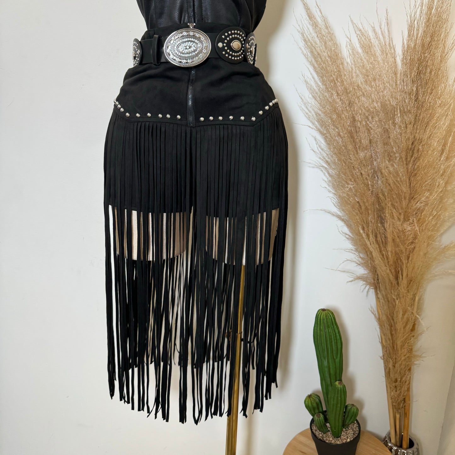 Fringe Stud Suede Shorts-Black