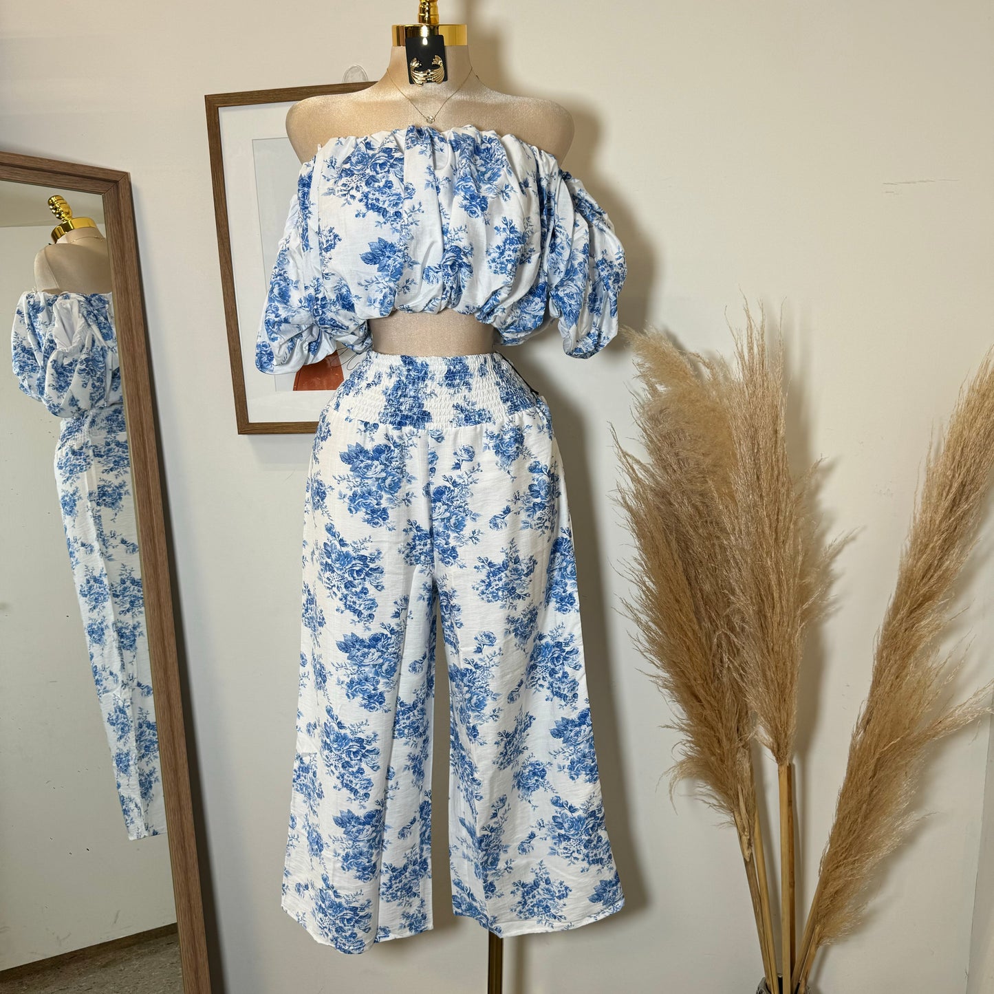 Off Shoulder Floral Top and Pant-Blue/White