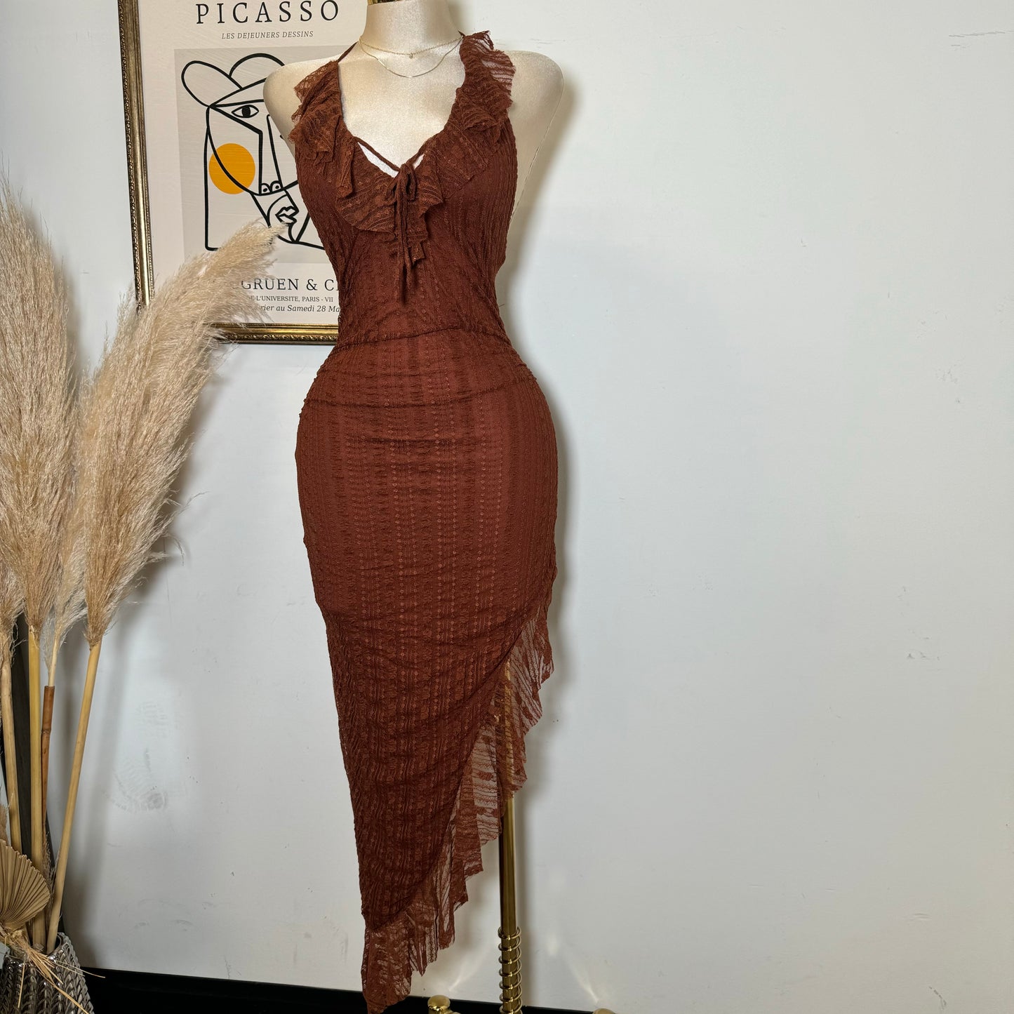 Lace Open Slit Halter Dress-Rust