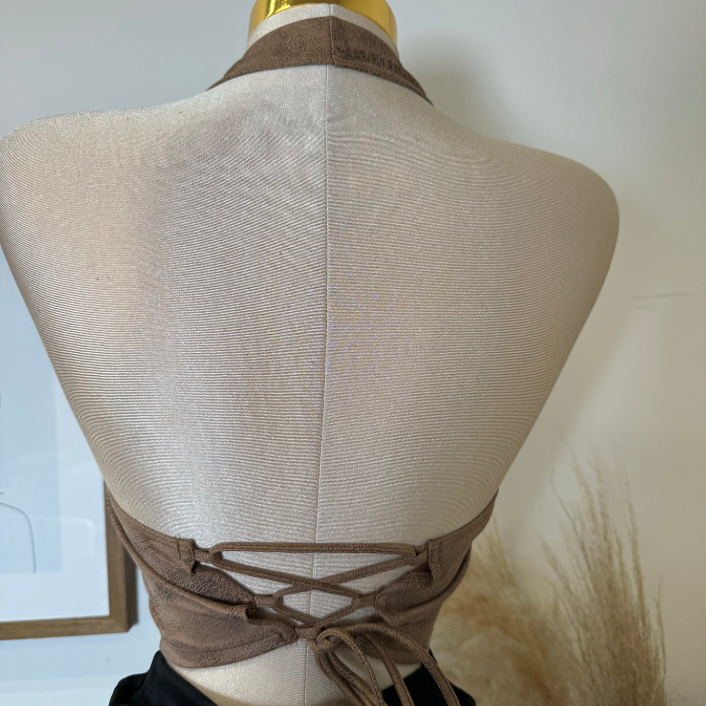 Suede Halter Crop Top Leather- Brown