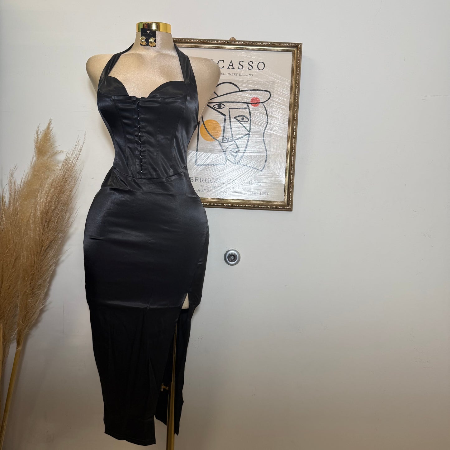 Corset Halter Satin Dress-Black