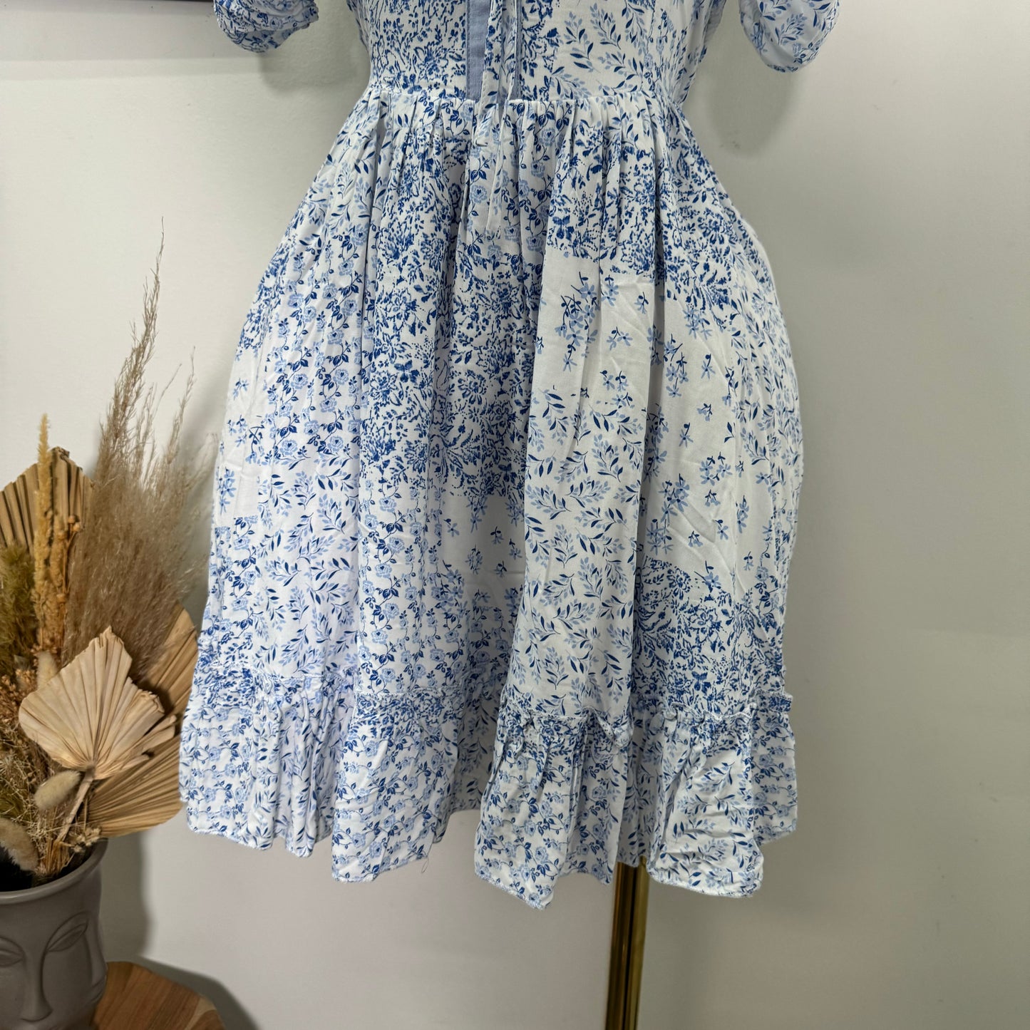 Square Neck Floral Corset Dress-Blue