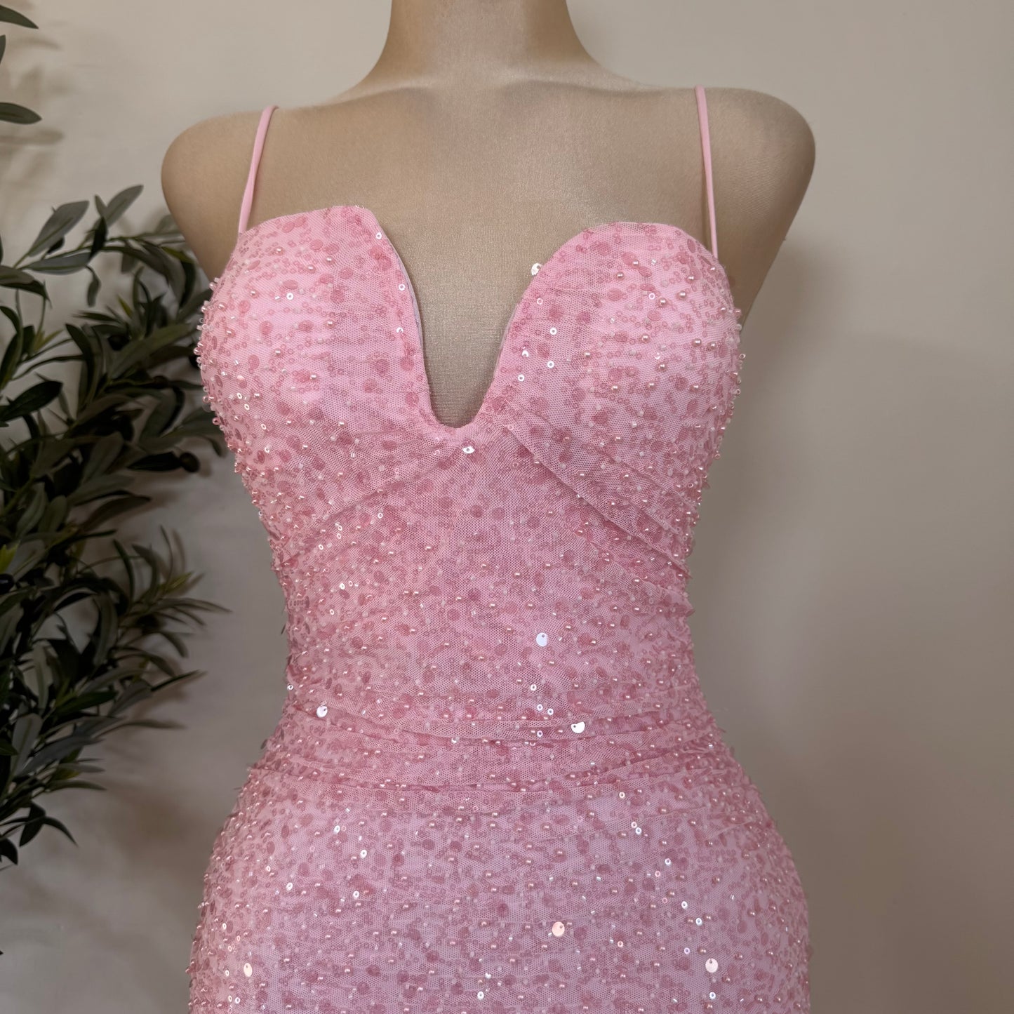 Bead and Sequin Ruched Midi dress-Baby Pink