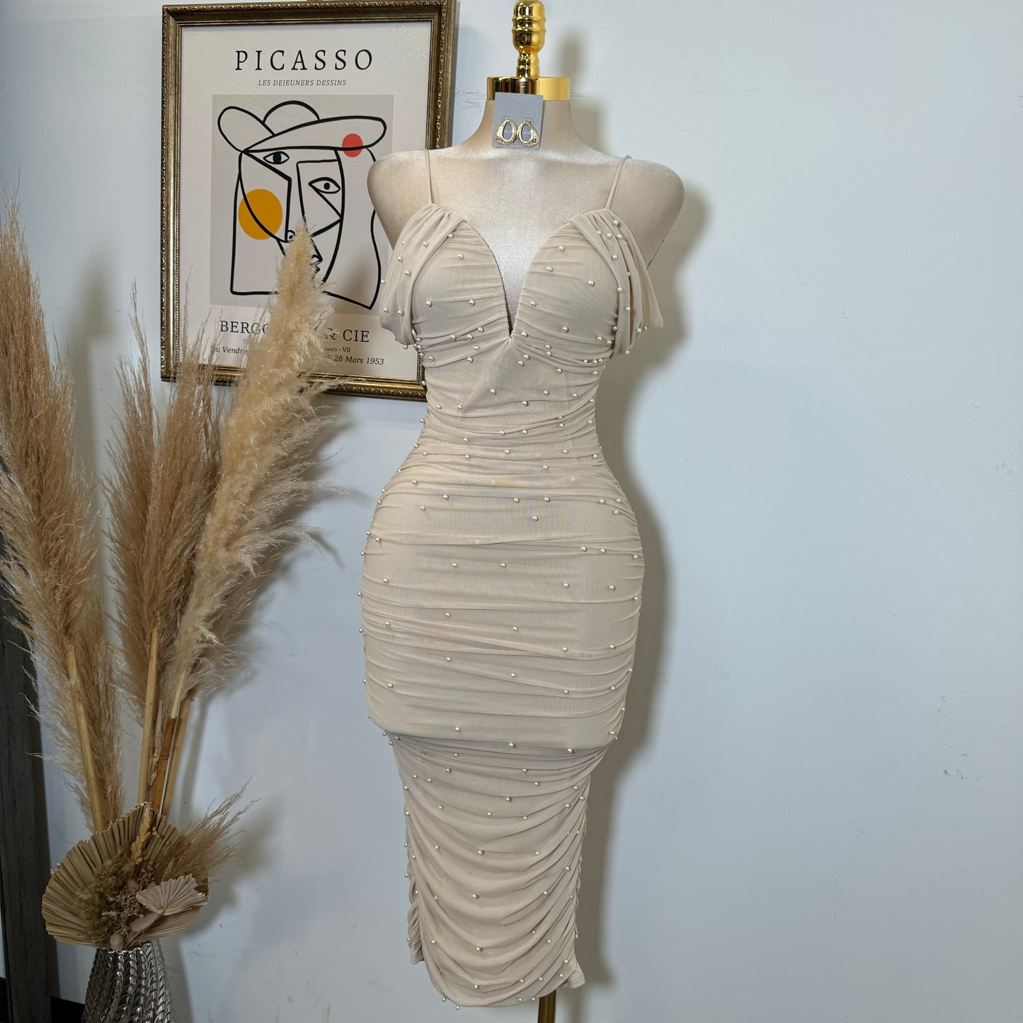 Aria Pearl Midi Dress- Beige