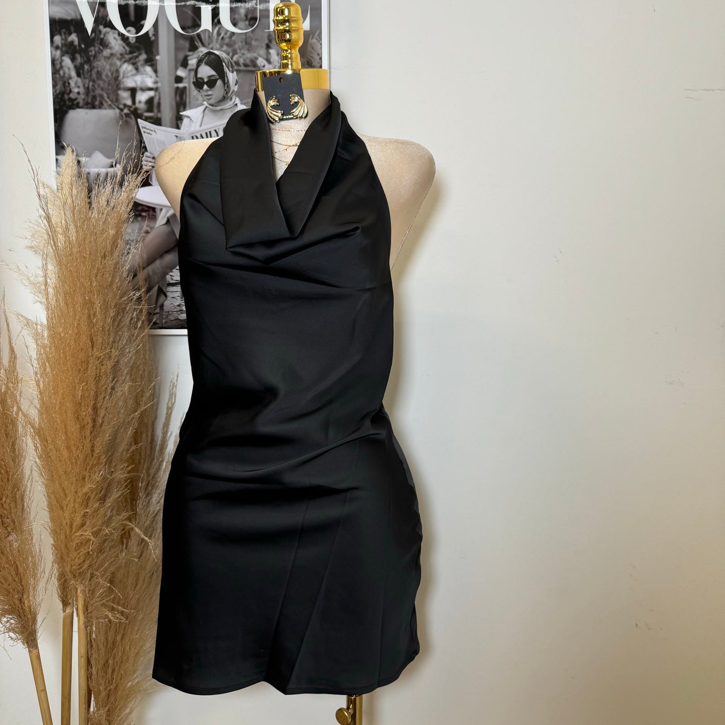 Santa Silky Halter Dress-Black