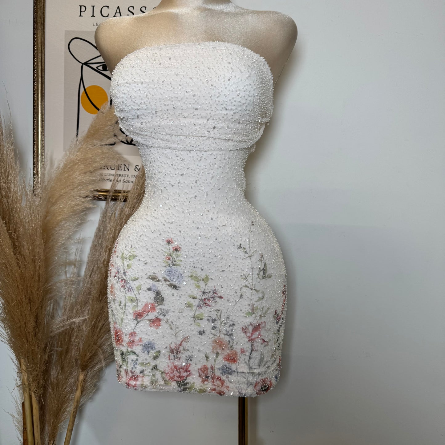 Mesh with Beads Floral Print Tube Dress