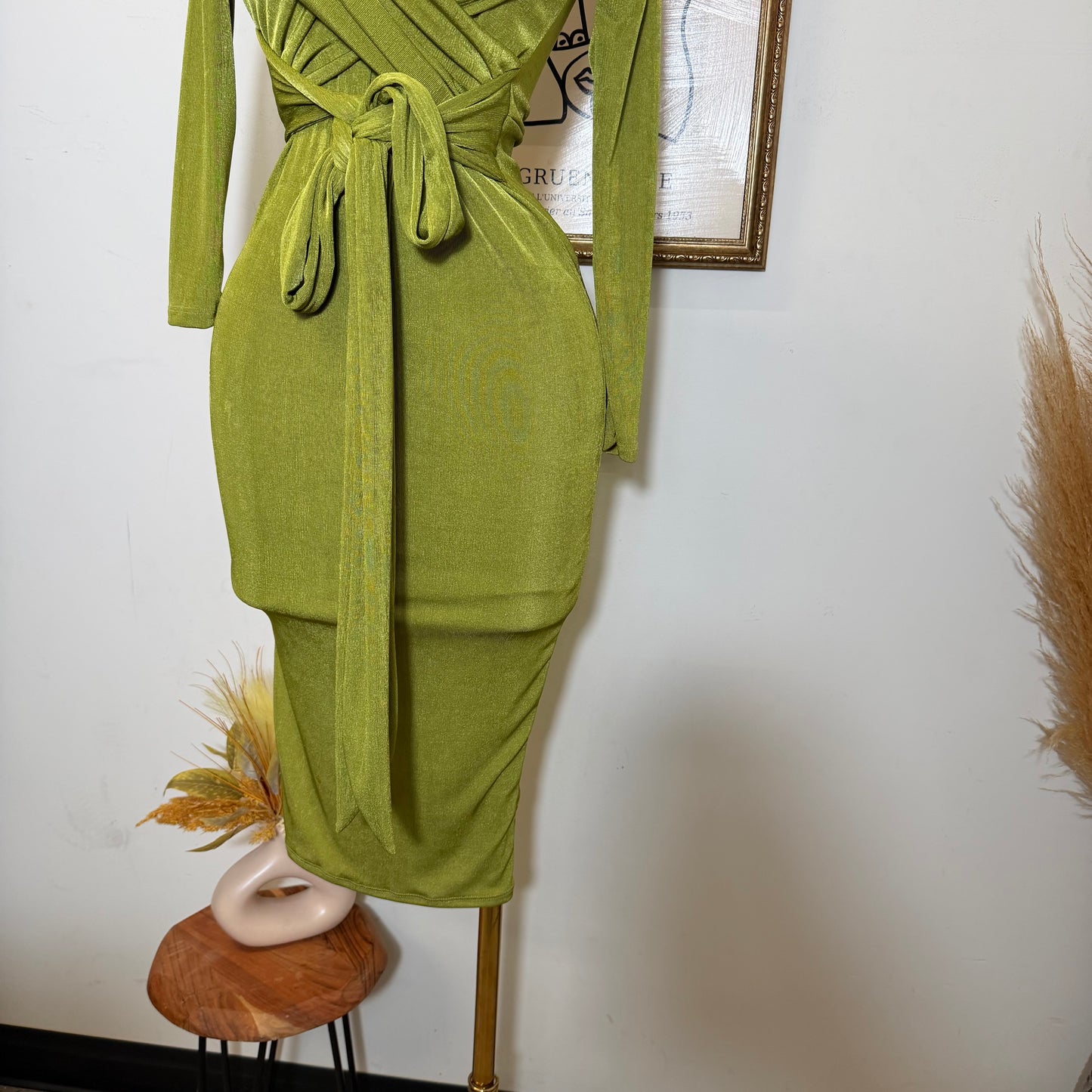 Off shoulder Long sleeve Dress-Moss Green