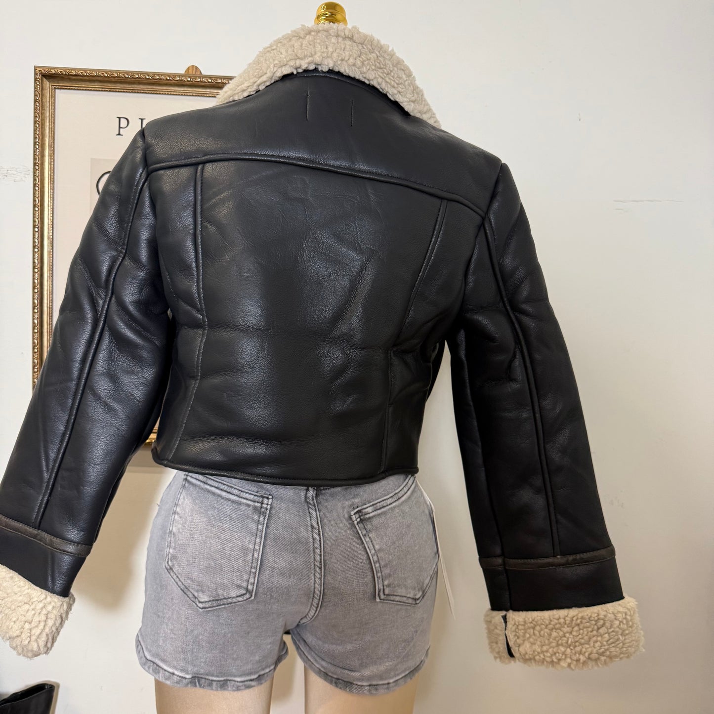 Sherpa lined Leather Jacket-Black