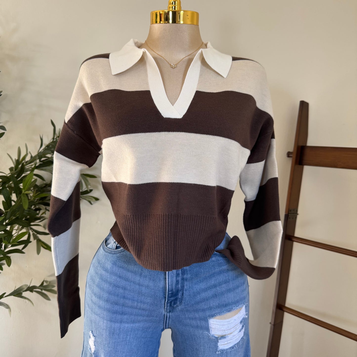 Striped Cropped Sweater-Brown