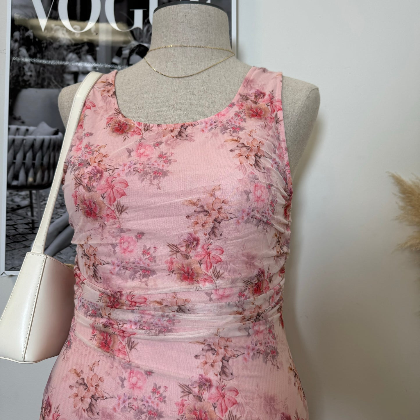 Midi Dress with Sheer Ruffle Detail PL -Pink