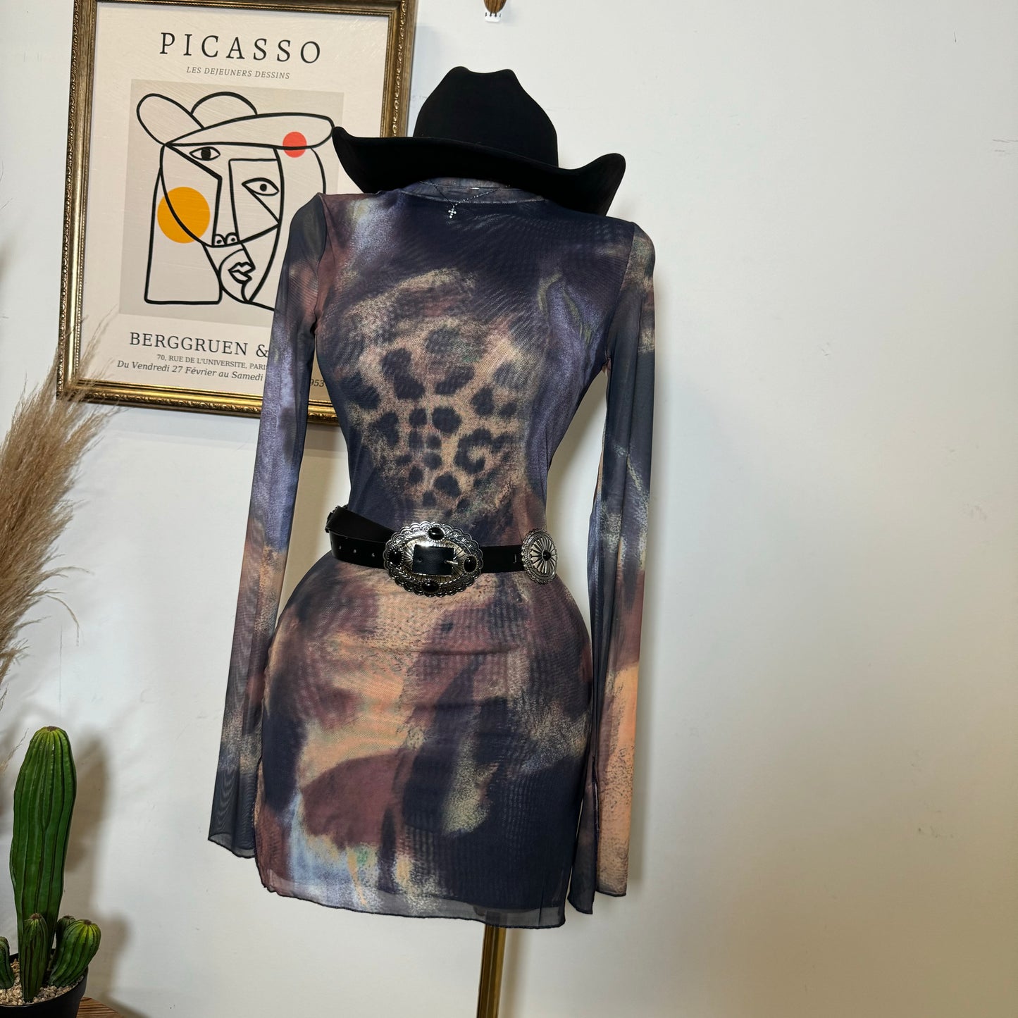 TORY Mesh Long Sleeve Dress-Multi Cheetah Print