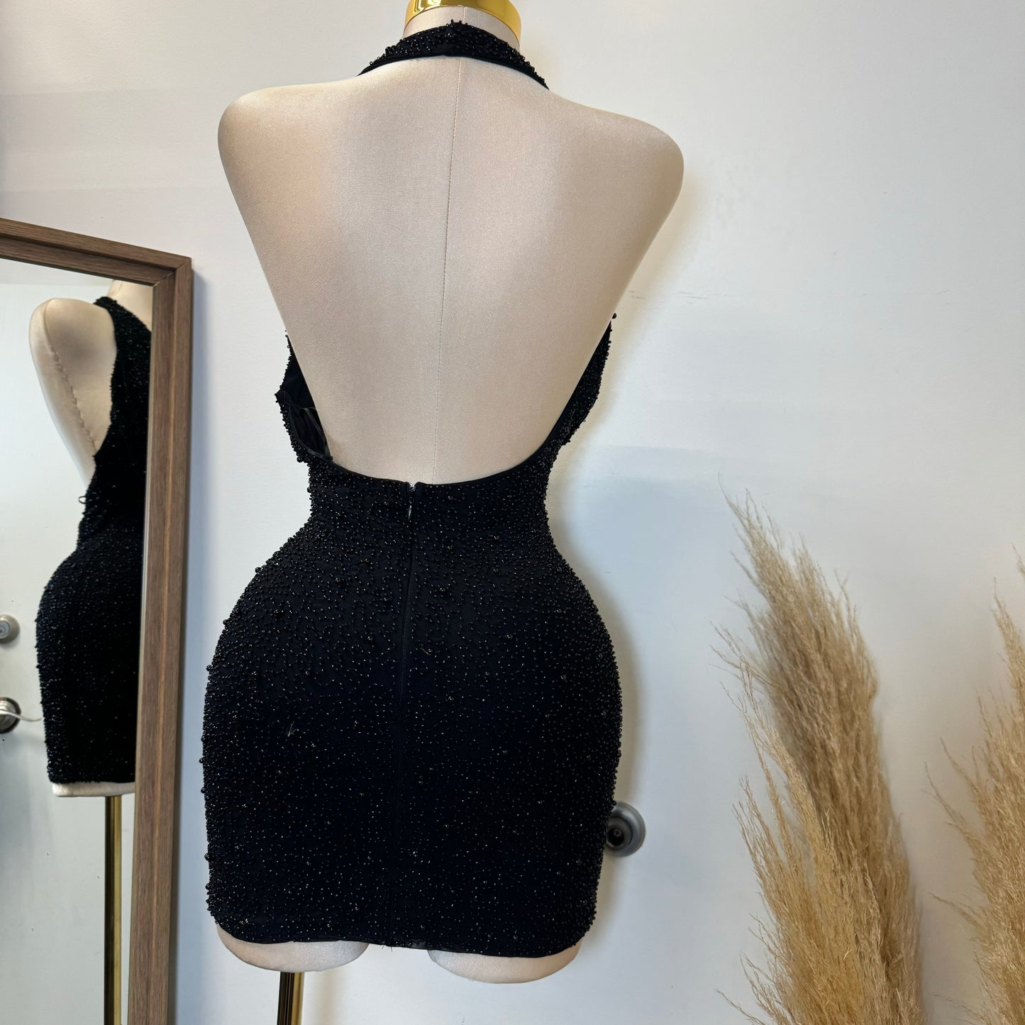 Cowl beaded Halter Dress-Black1