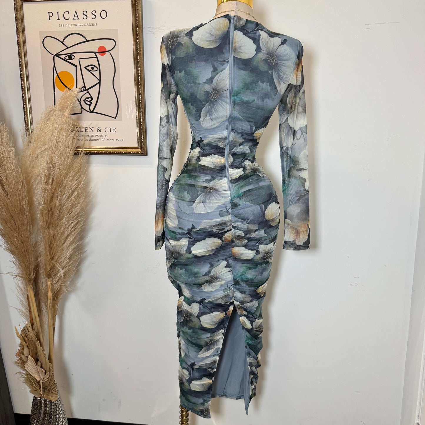 Long Sleeve Mesh Dress-Blue