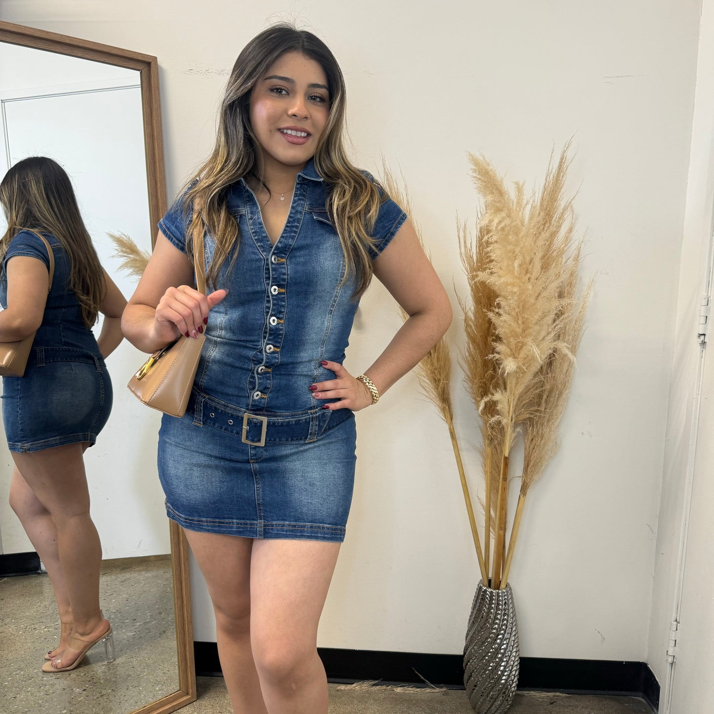 Denim Belt Mini Dress-Dk Blue