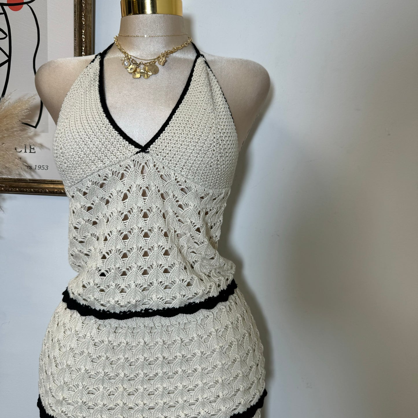 Knitted Halter Skirt Set-Beige
