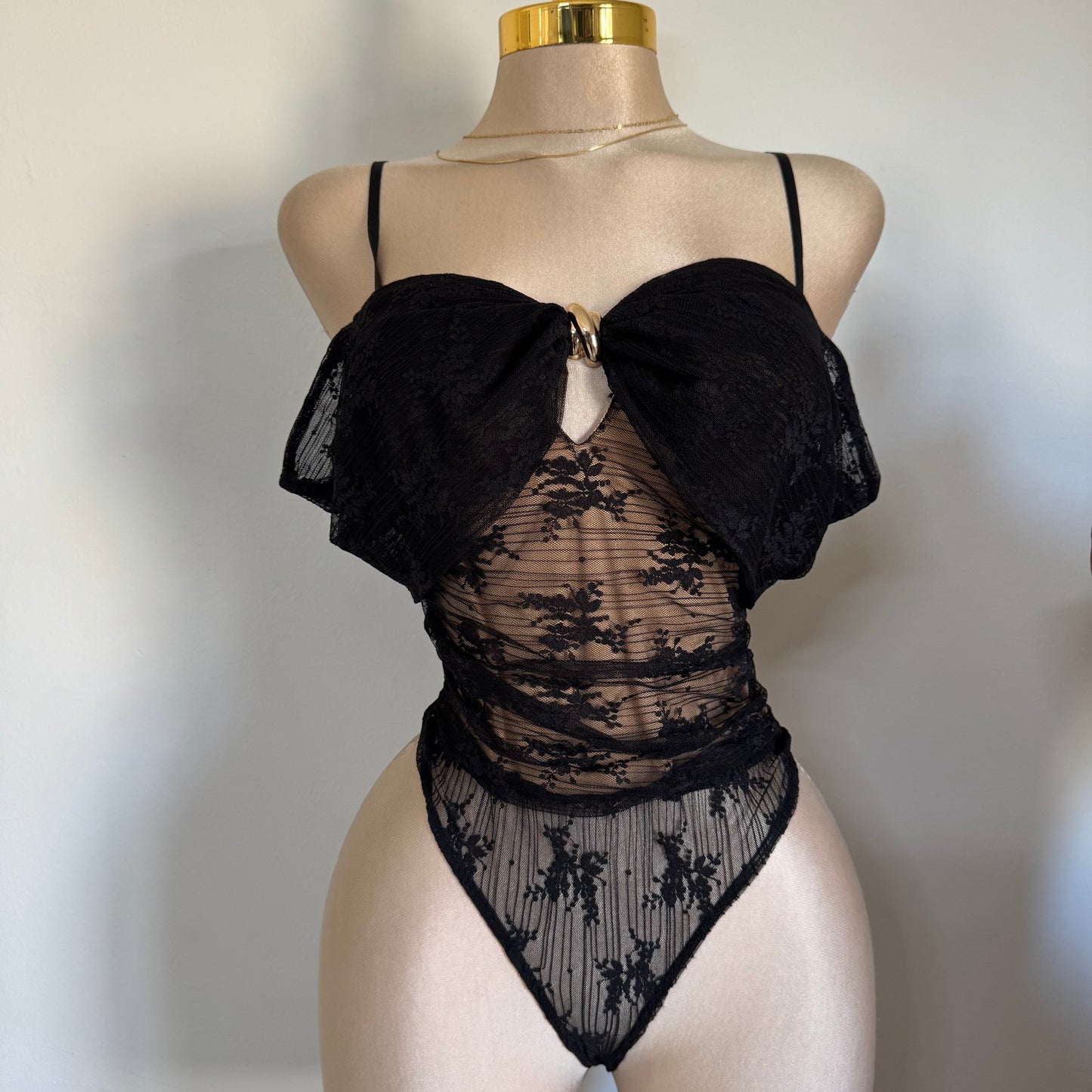Lace Gold Trim Inset Off shoulder bodysuit-Black
