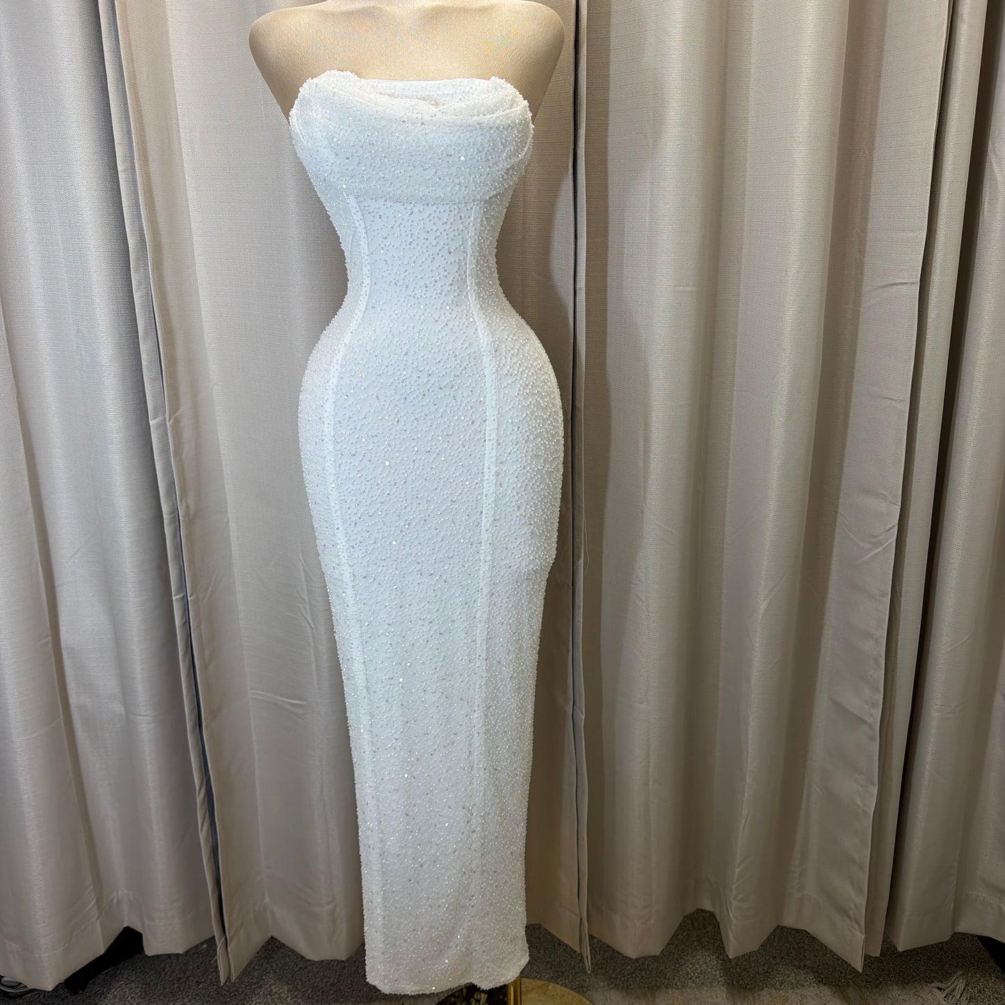 Embellished Bead Bandeau Cowl Neck Tube Maxi Dress-White