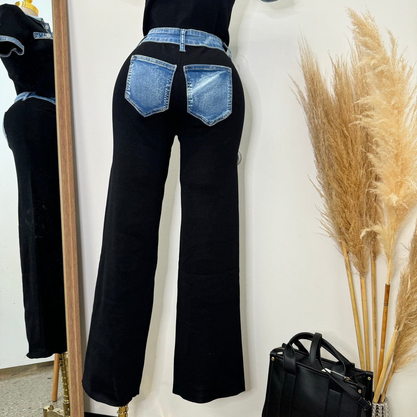 Street Chic Contrast Ribbed Denim Pant Set-black