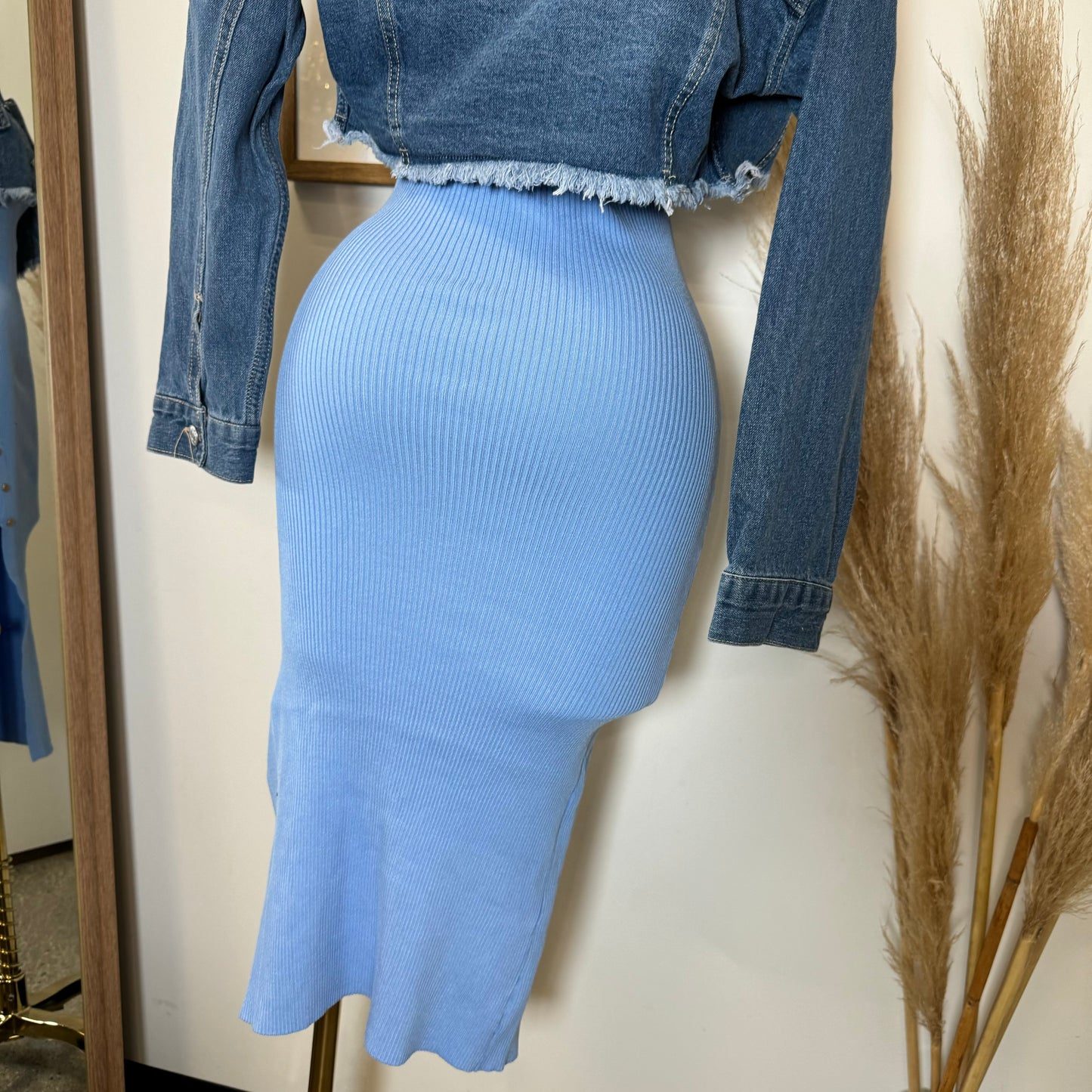 Cielito Open Slit Ribbed Midi Dress-Blue