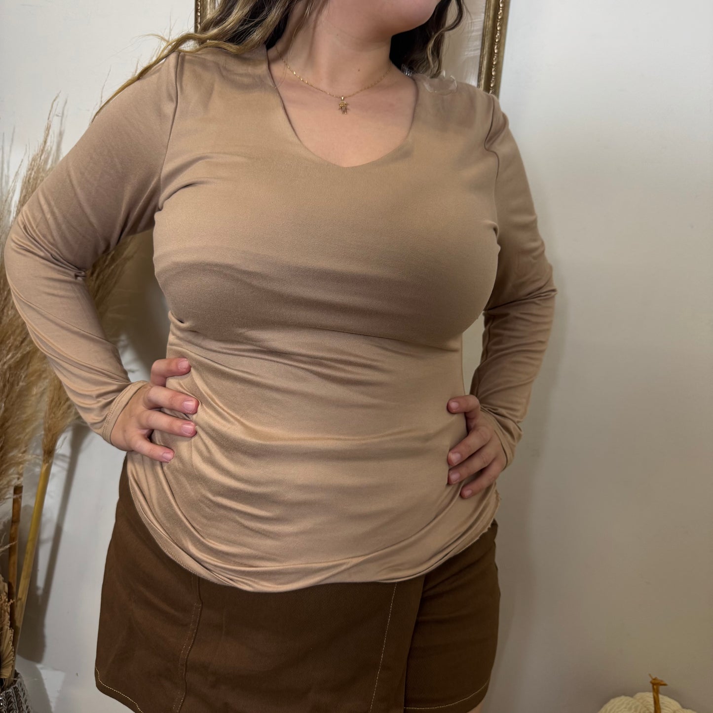Long Sleeve Double Layered Top-Tan