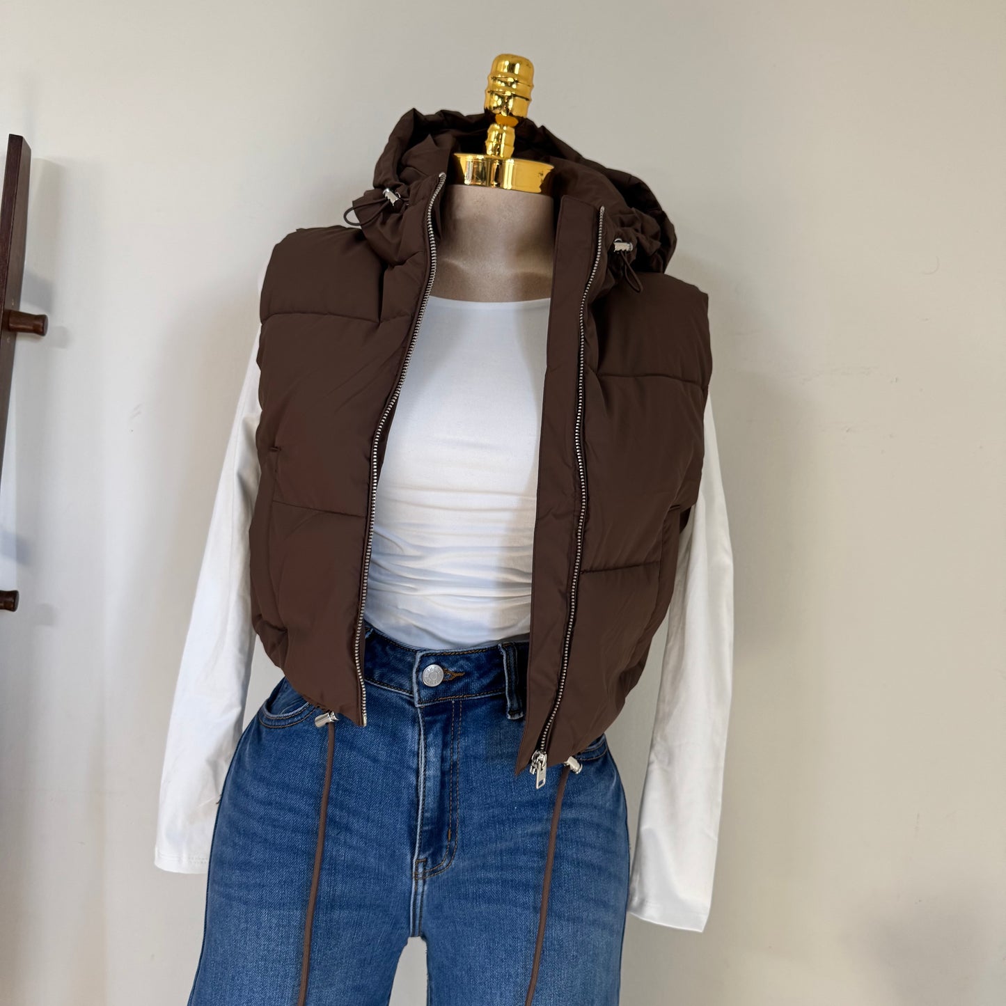 Cropped Puffer Vest W/ Adjustable Drawstrings- Espresso